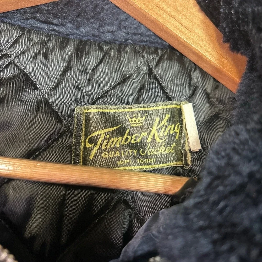 Vintage Timber King Mens Medium Jacket Navy Blue Bomber Fuzzy Collar Insulated‎